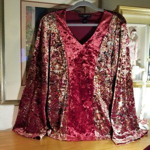 VENEZIA Crushed Velvet Red Floral-Bell Sleeves-Boho-Hippie Women's-14-16 Top